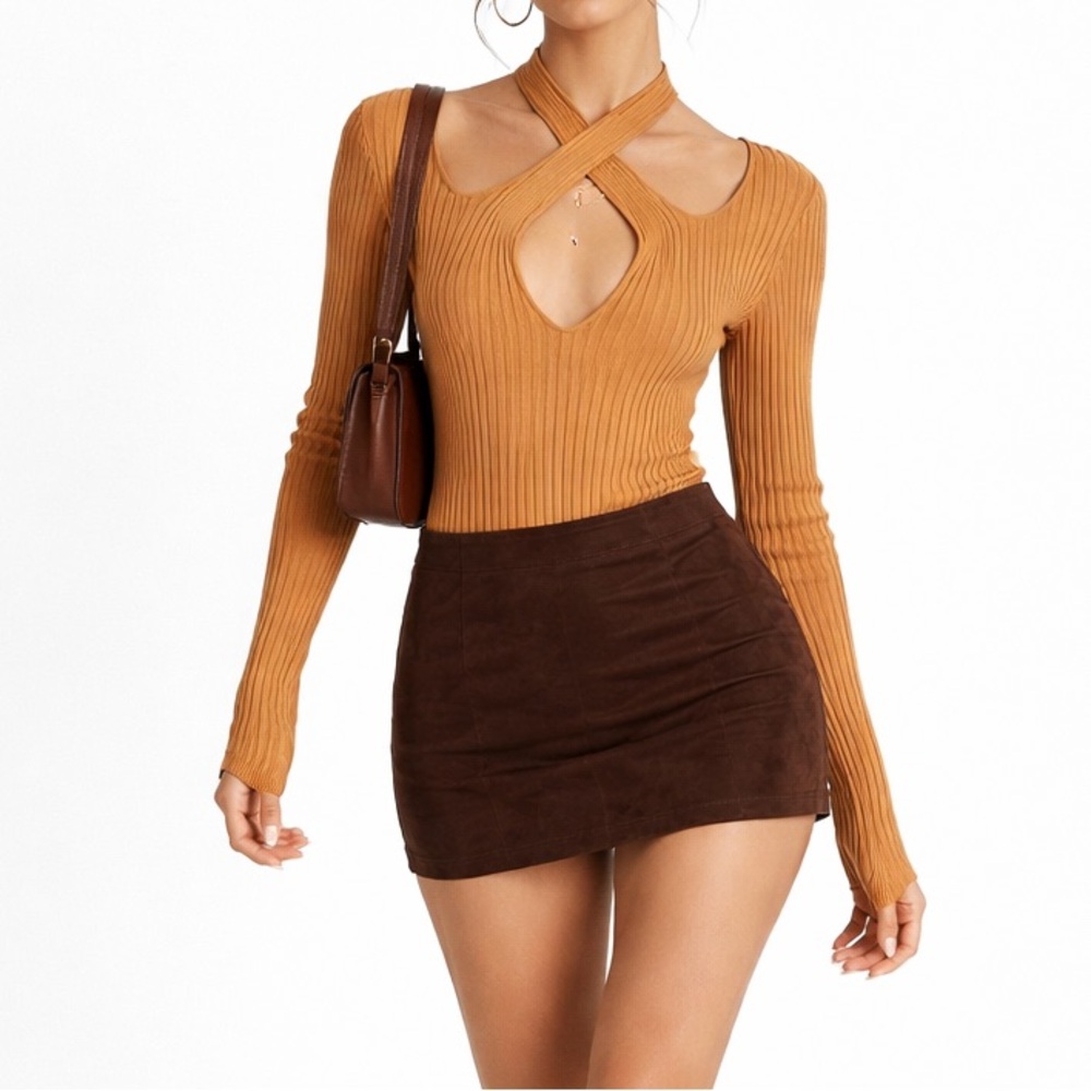 Mink Pink Ribbed Wrap Neck Long Sleeve Top Size XS